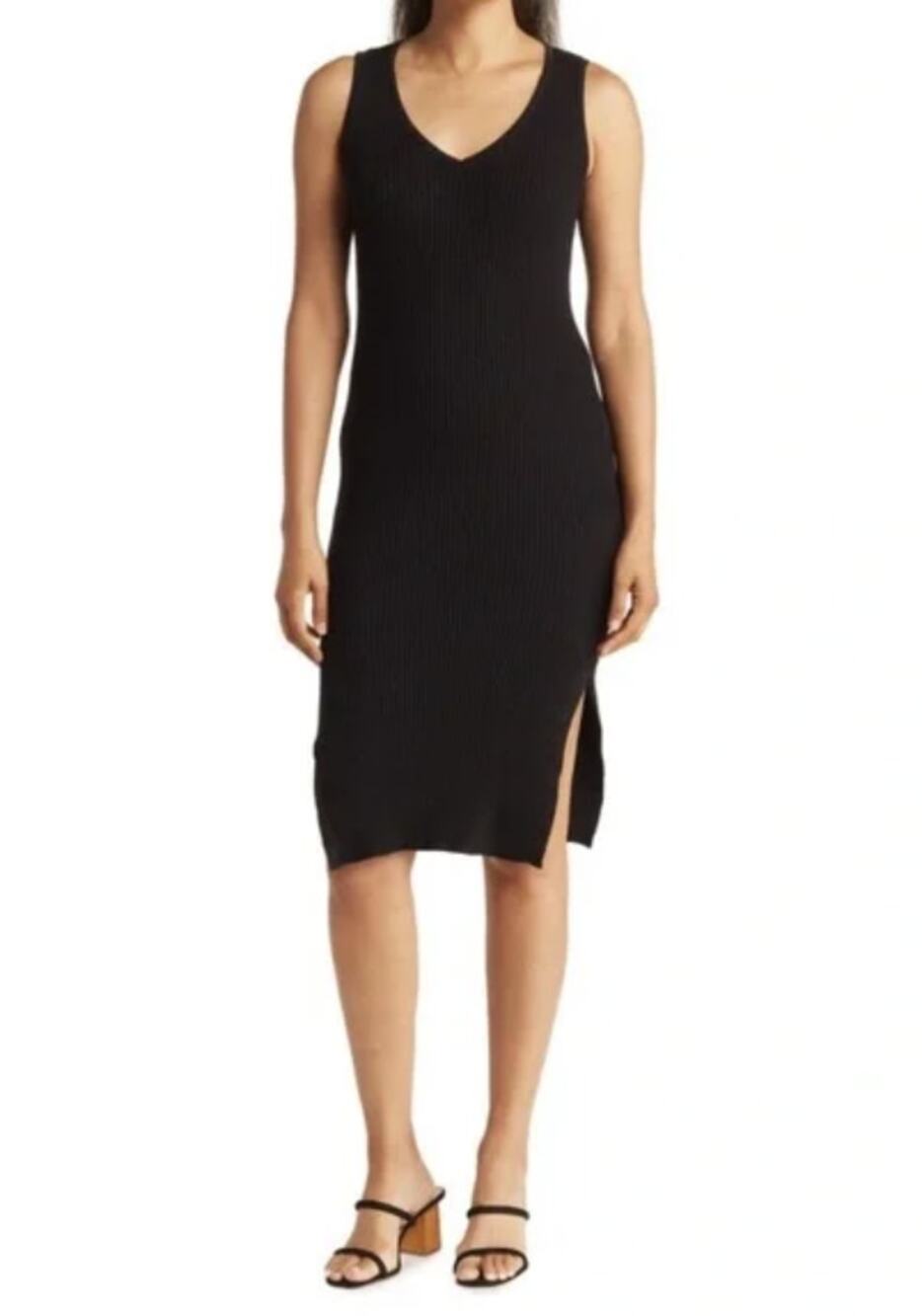 Magaschoni Ribbed Knit Black Sweater Dress V Neck Slit Size L